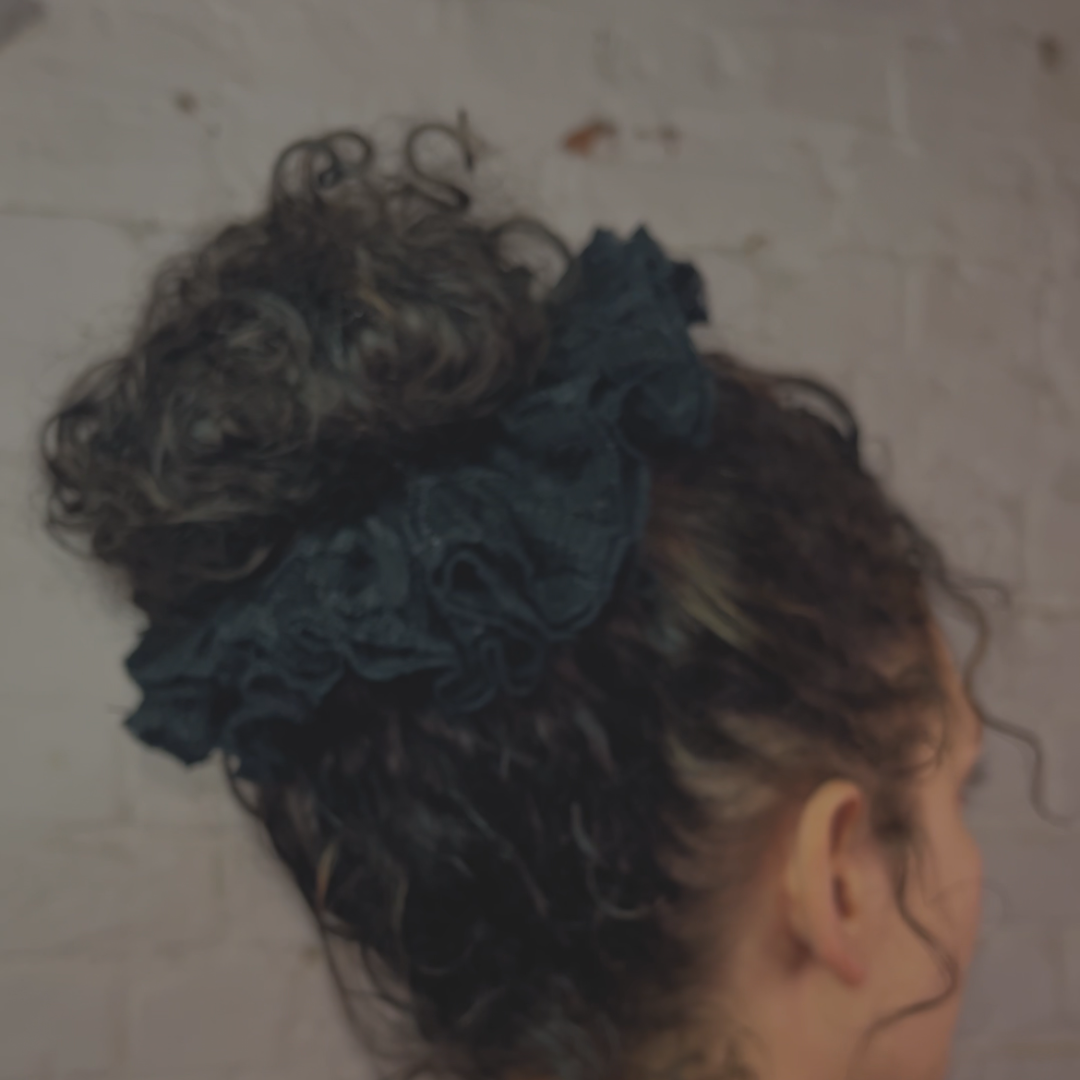 Curly hair frilly ruffled lace trim scrunchie squish quirky hair accessory