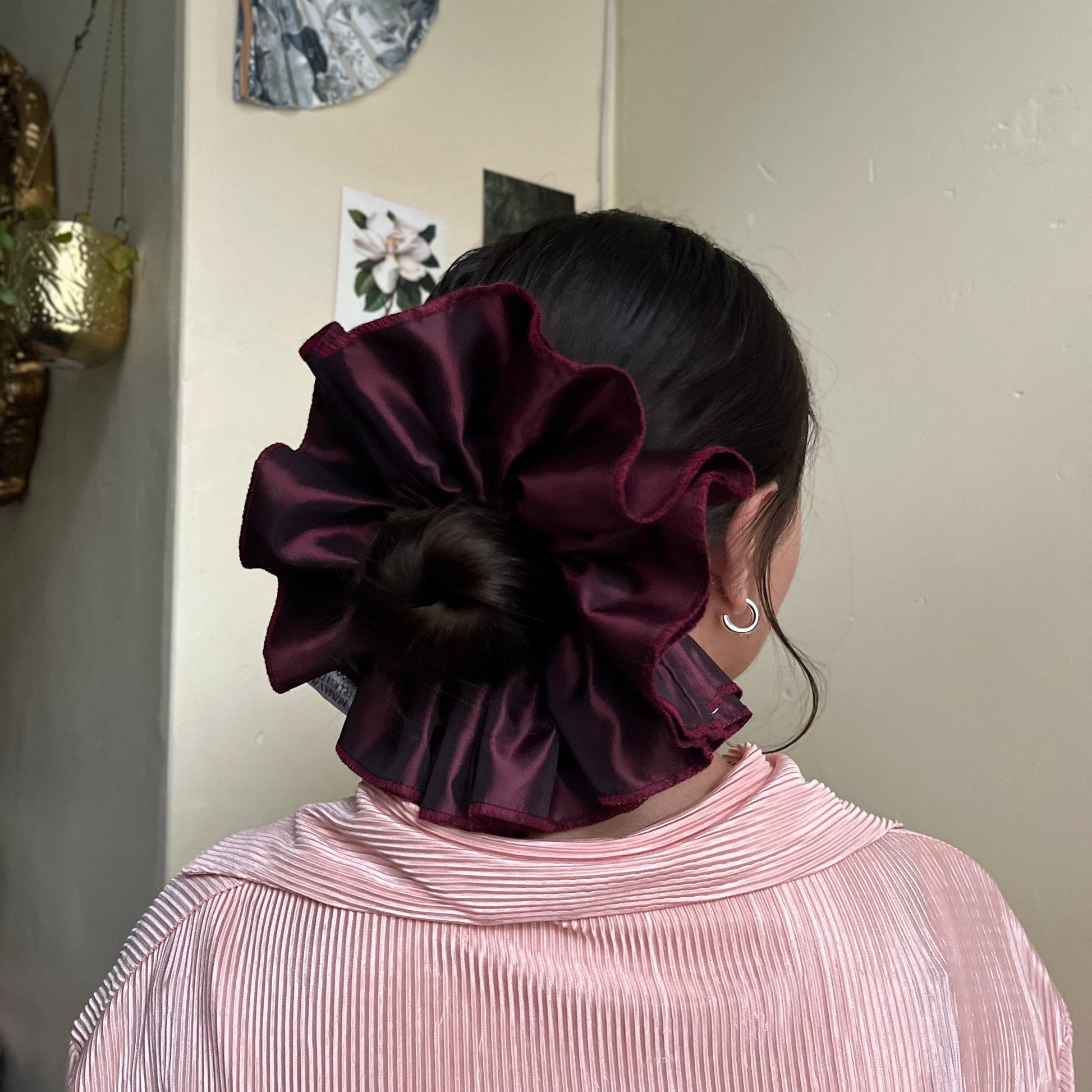 Opulent oversized frilly hair scrunchie, handmade with quirky remnant fabric. unique hair accessory. rare find