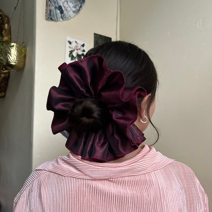 Opulent oversized frilly hair scrunchie, handmade with quirky remnant fabric. unique hair accessory. rare find
