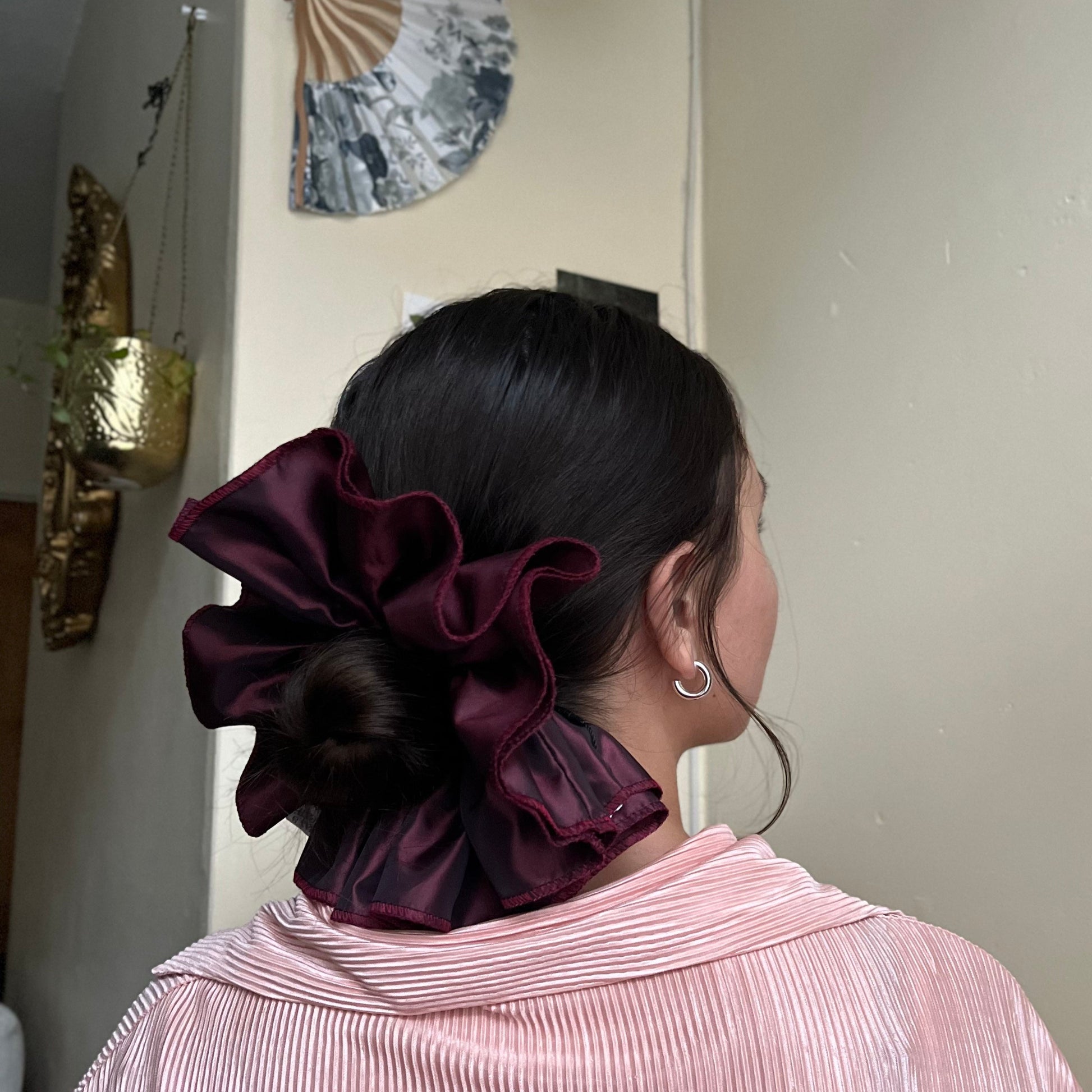 Opulent oversized frilly hair scrunchie, handmade with quirky remnant fabric. unique hair accessory. rare find