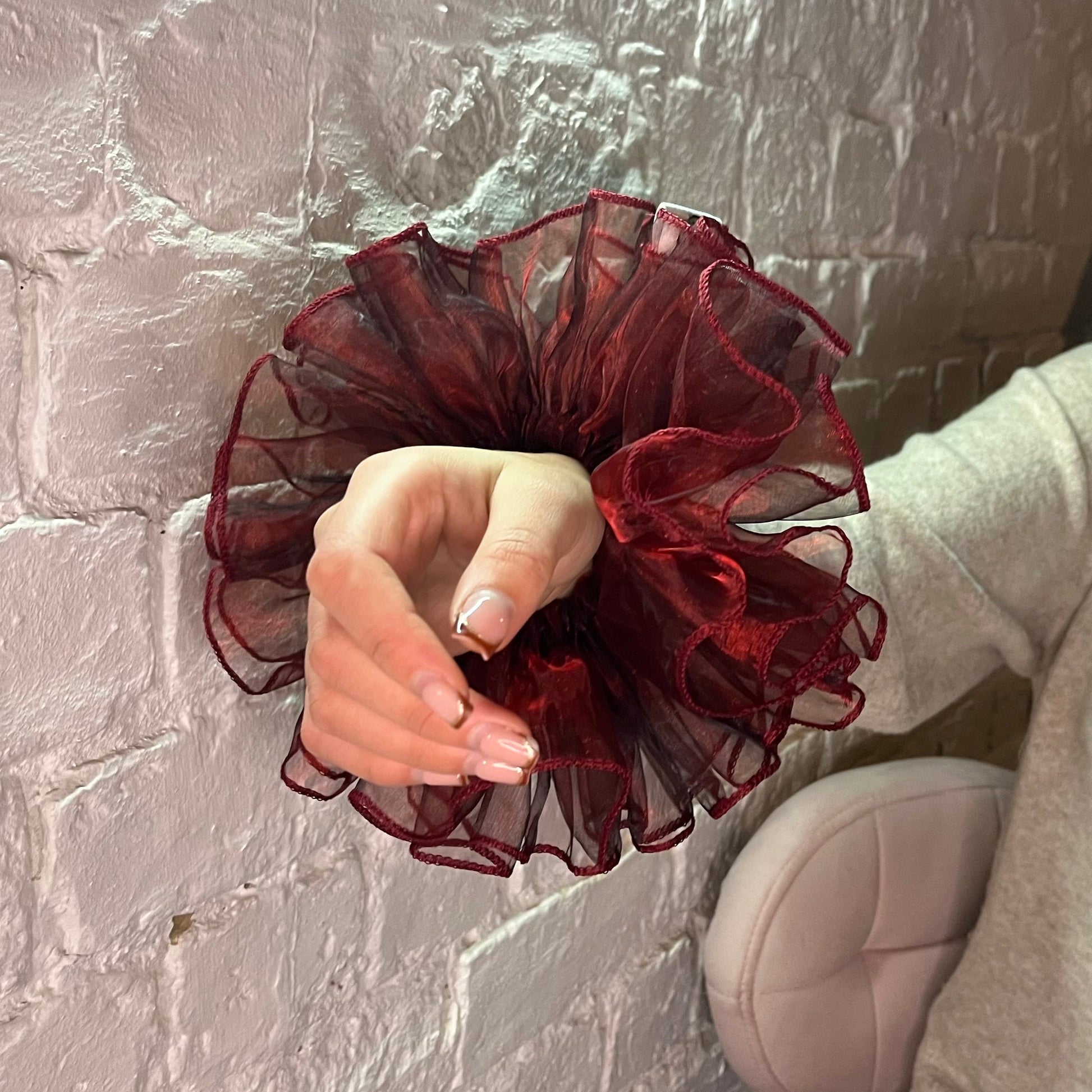 frilly XXL sheer scrunchie in rich crimson red for all hair  types. Handmade in nottingham