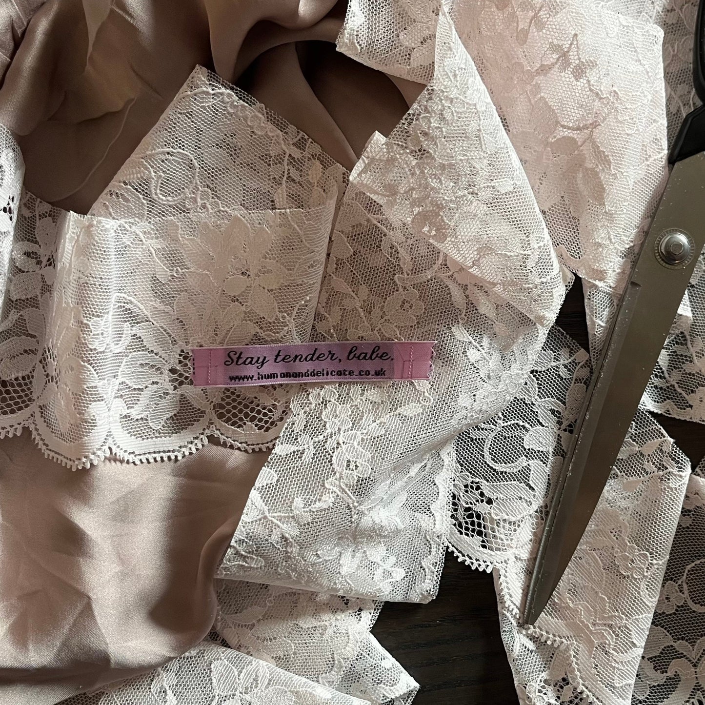 soft powder pink Vintage antique lace trim + silky soft taupe mauve grey satin remnant fabric, strainable fashion accessory