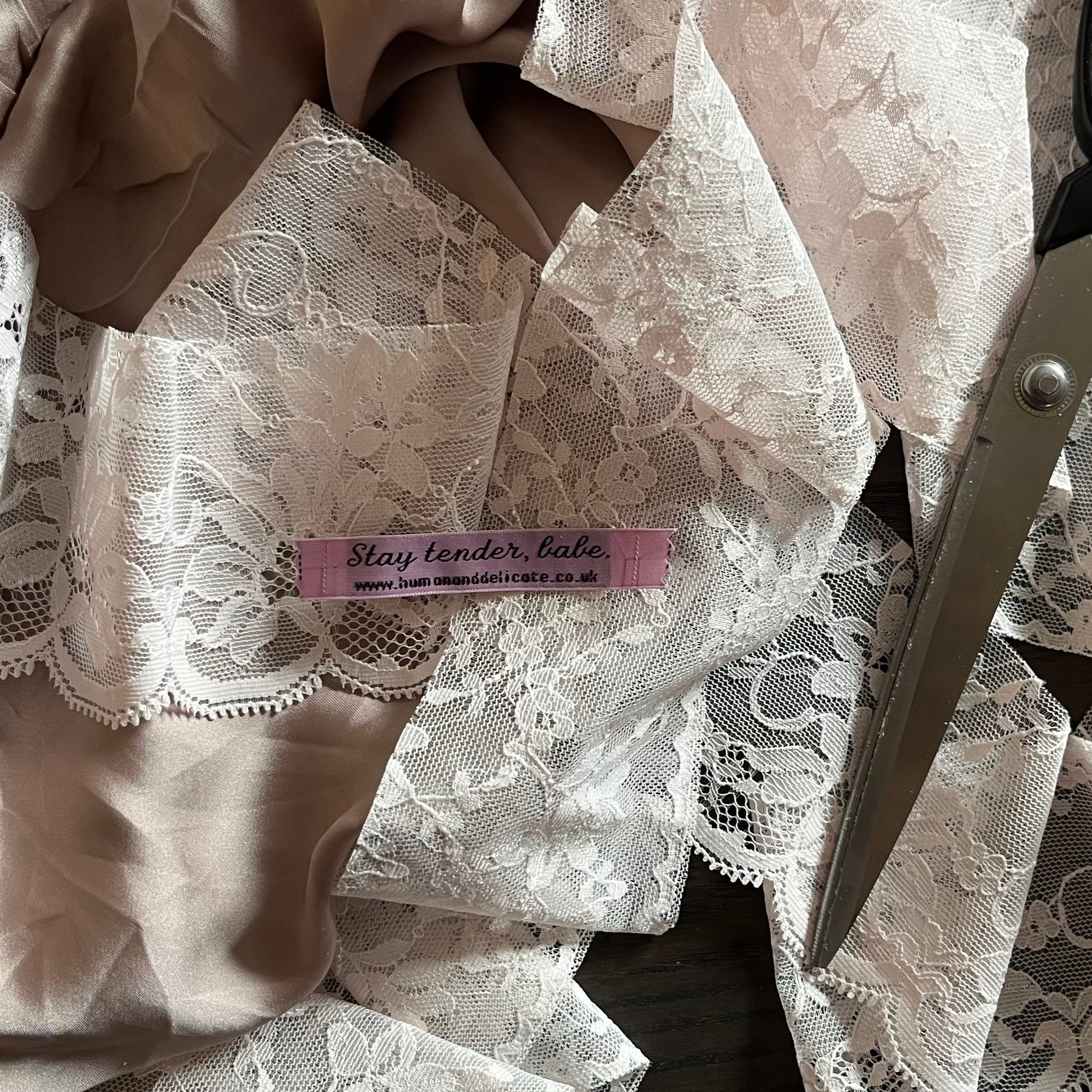 soft powder pink Vintage antique lace trim + silky soft taupe mauve grey satin remnant fabric, strainable fashion accessory