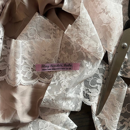 soft powder pink Vintage antique lace trim + silky soft taupe mauve grey satin remnant fabric, strainable fashion accessory