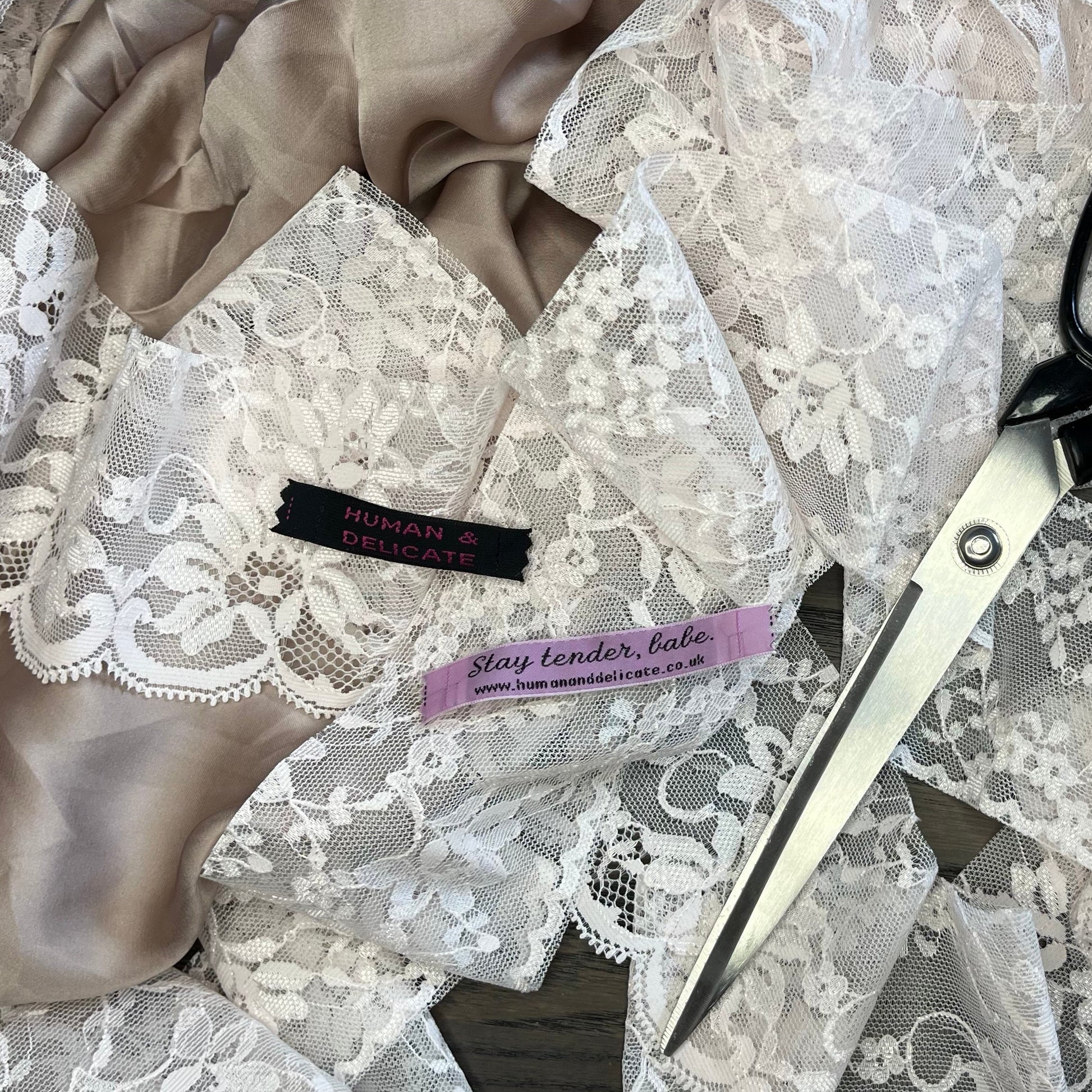 soft powder pink Vintage antique lace trim + silky soft taupe mauve grey satin remnant fabric, strainable fashion accessory