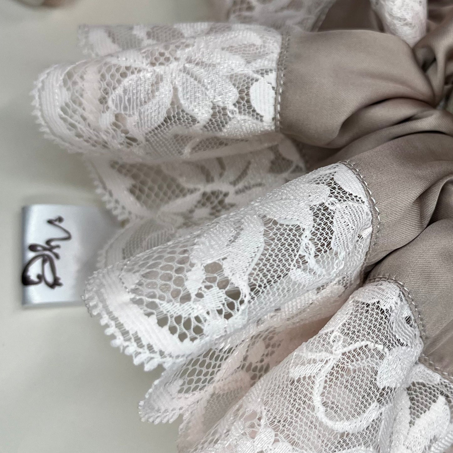 soft powder pink Vintage antique lace trim + silky soft taupe mauve grey satin remnant fabric, strainable fashion accessory