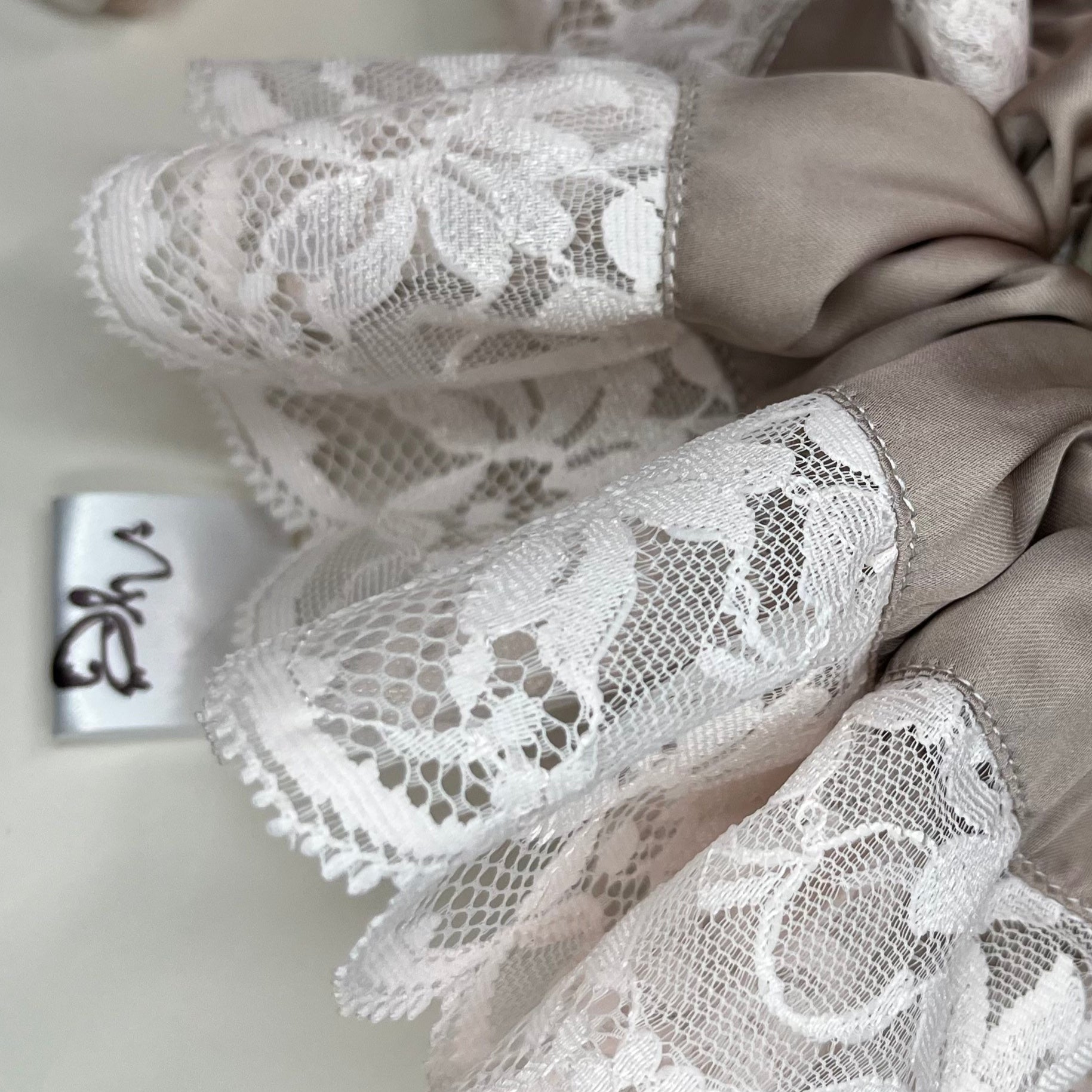 soft powder pink Vintage antique lace trim + silky soft taupe mauve grey satin remnant fabric, strainable fashion accessory