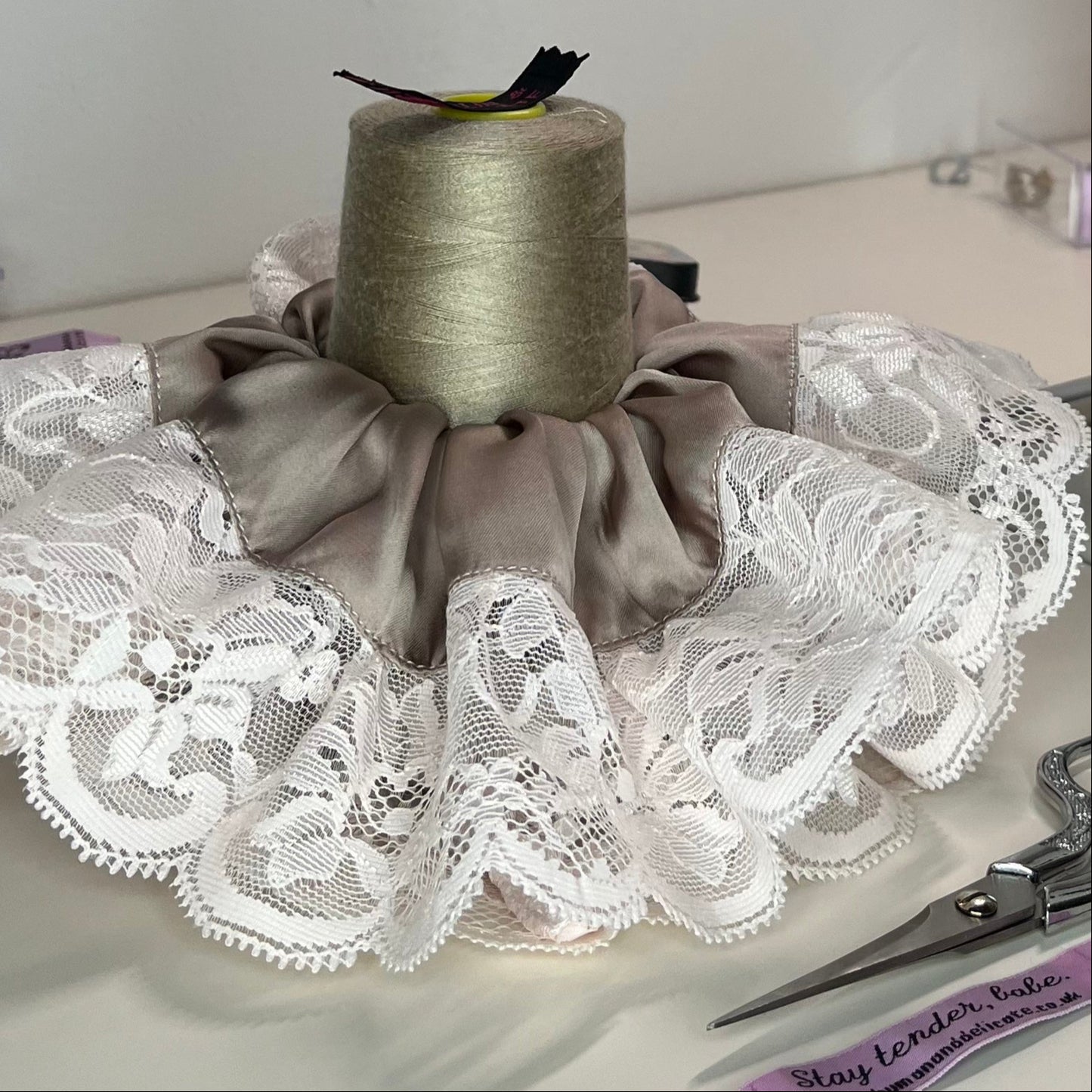 soft powder pink Vintage antique lace trim + silky soft taupe mauve grey satin remnant fabric, strainable fashion accessory