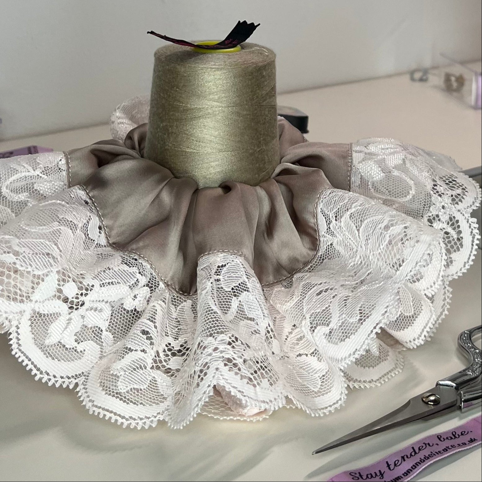soft powder pink Vintage antique lace trim + silky soft taupe mauve grey satin remnant fabric, strainable fashion accessory