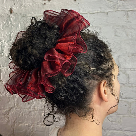 curly hair up do sucrunchie in red sheer organza. Giant XXL ruffled frills. handmade in nottingham