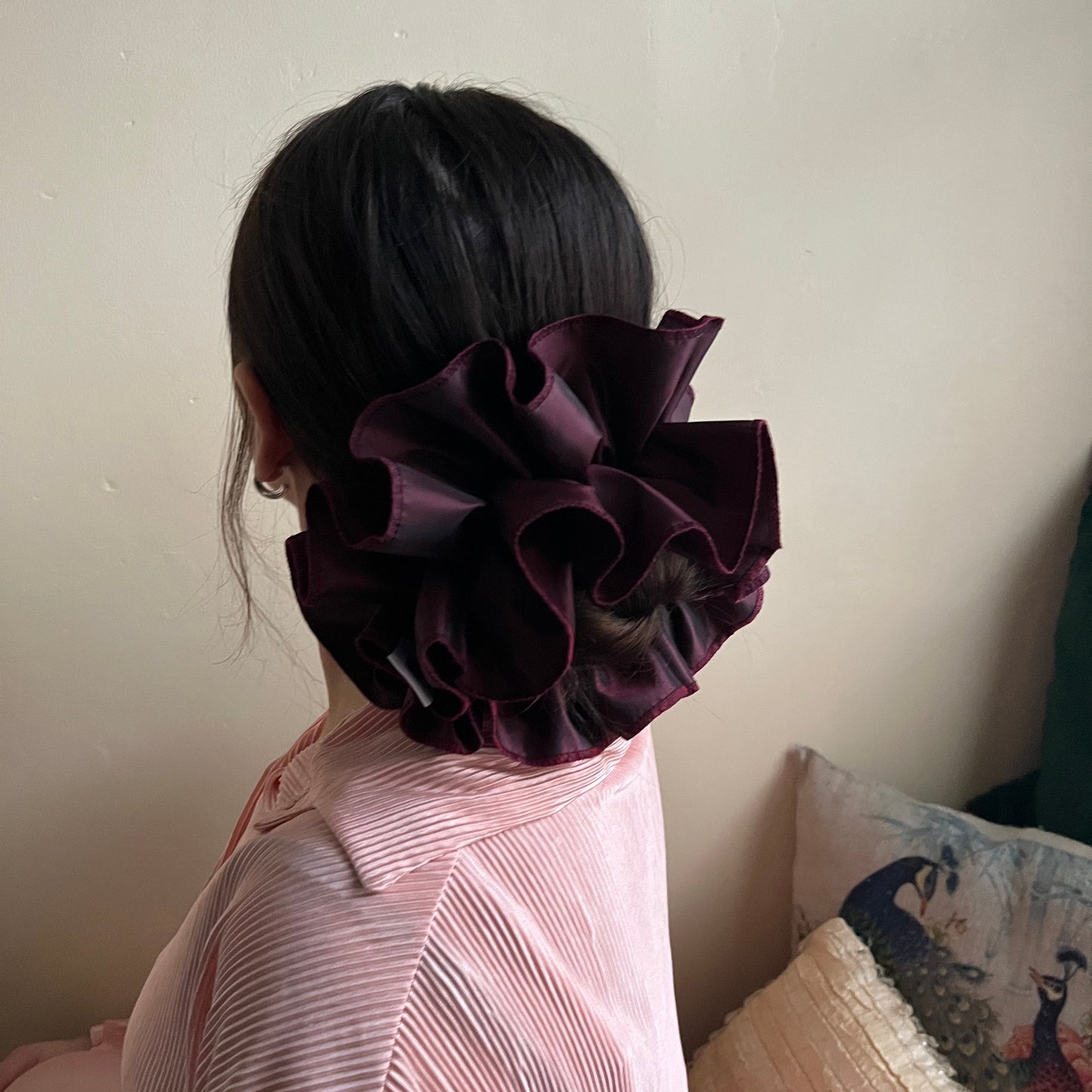 Opulent oversized frilly hair scrunchie, handmade with quirky remnant fabric. unique hair accessory. rare find