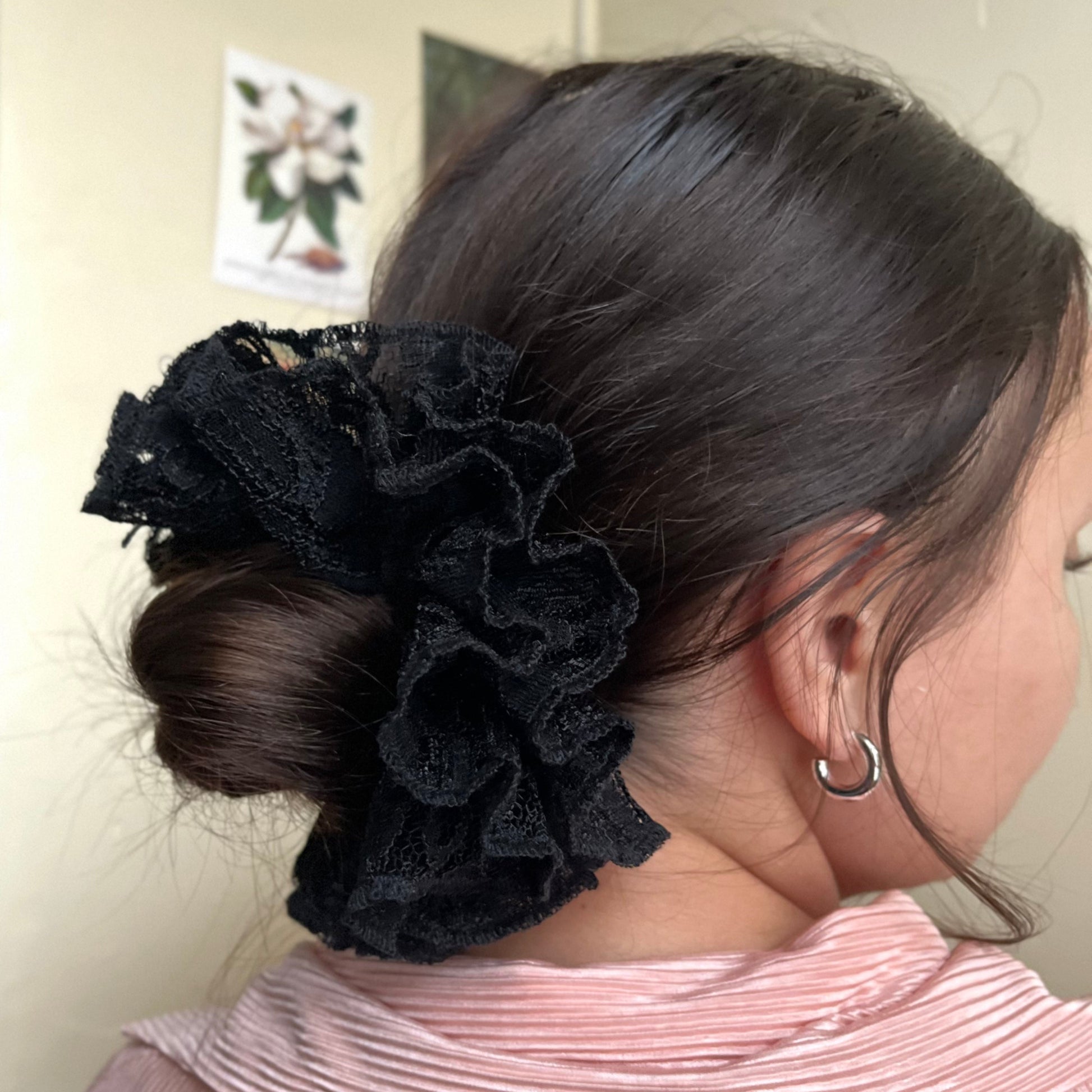 Curly hair frilly ruffled lace trim scrunchie hair accessory.