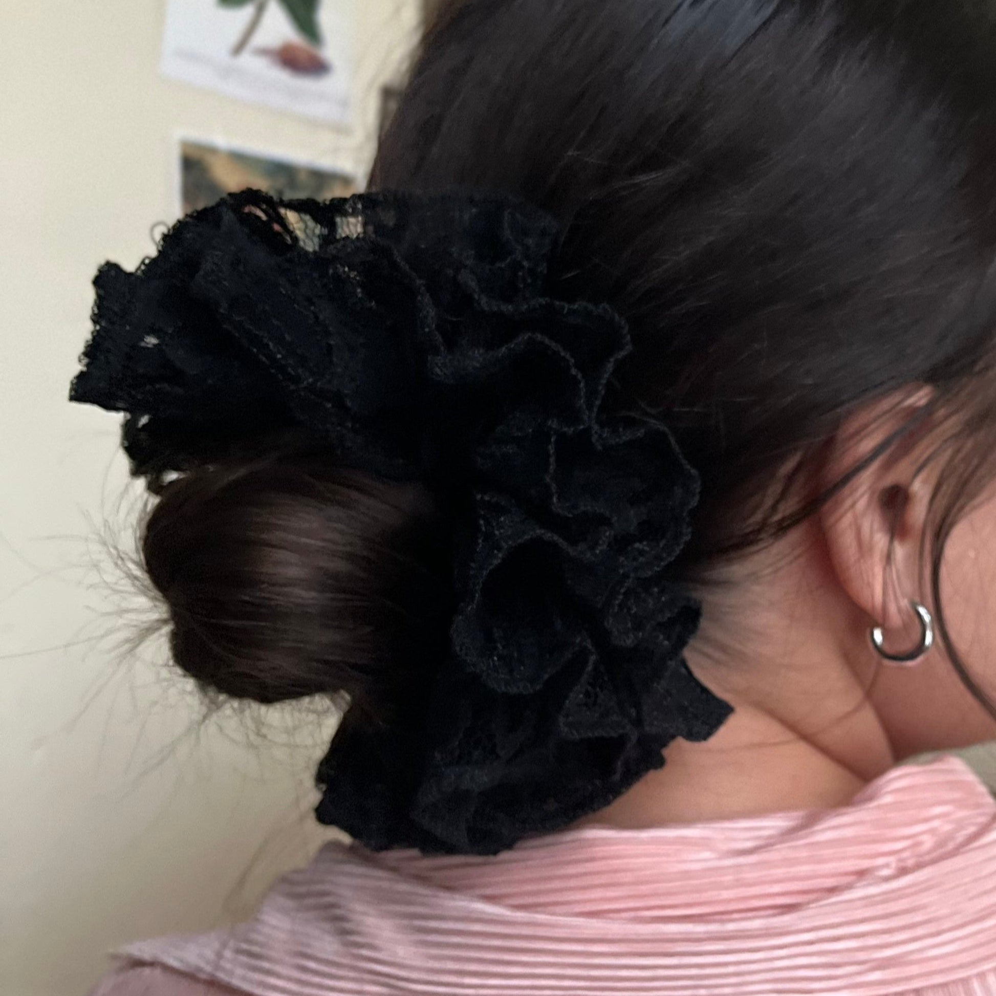 bridal wedding scrunchie. gothic whimsigoth hair accessory. vintage black lace ruffle frilly trim squish scrunch. handmade in nottingham