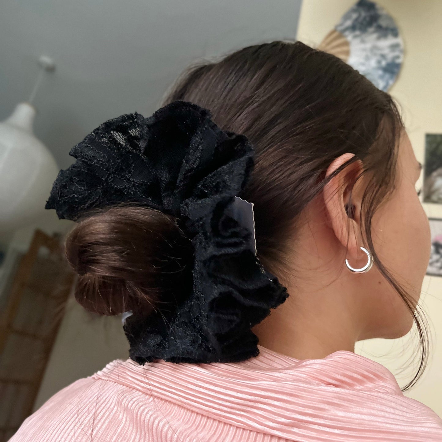 bridal wedding scrunchie. gothic romance whimsigoth hair accessory. victorian dark academia vintage black lace ruffles frilly trim squish scrunch. handmade in nottinghamn