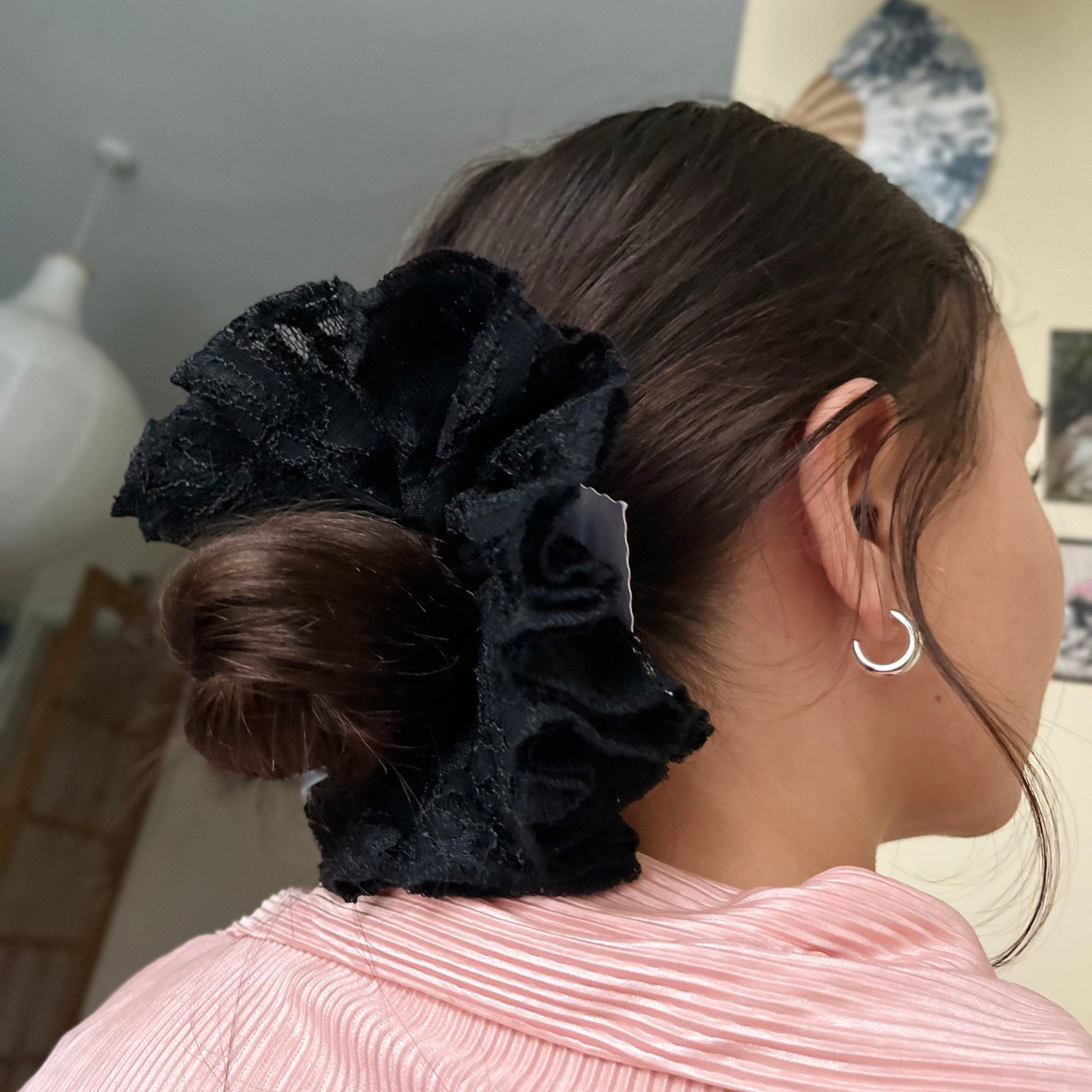 bridal wedding scrunchie. gothic romance whimsigoth hair accessory. victorian dark academia vintage black lace ruffles frilly trim squish scrunch. handmade in nottinghamn