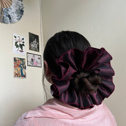 Opulent oversized frilly hair scrunchie, handmade with quirky remnant fabric. unique hair accessory. rare find