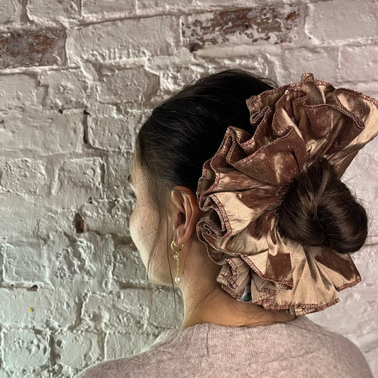 pure silk luxury scrunchie oversized ruffled modelled straight hair in low bun