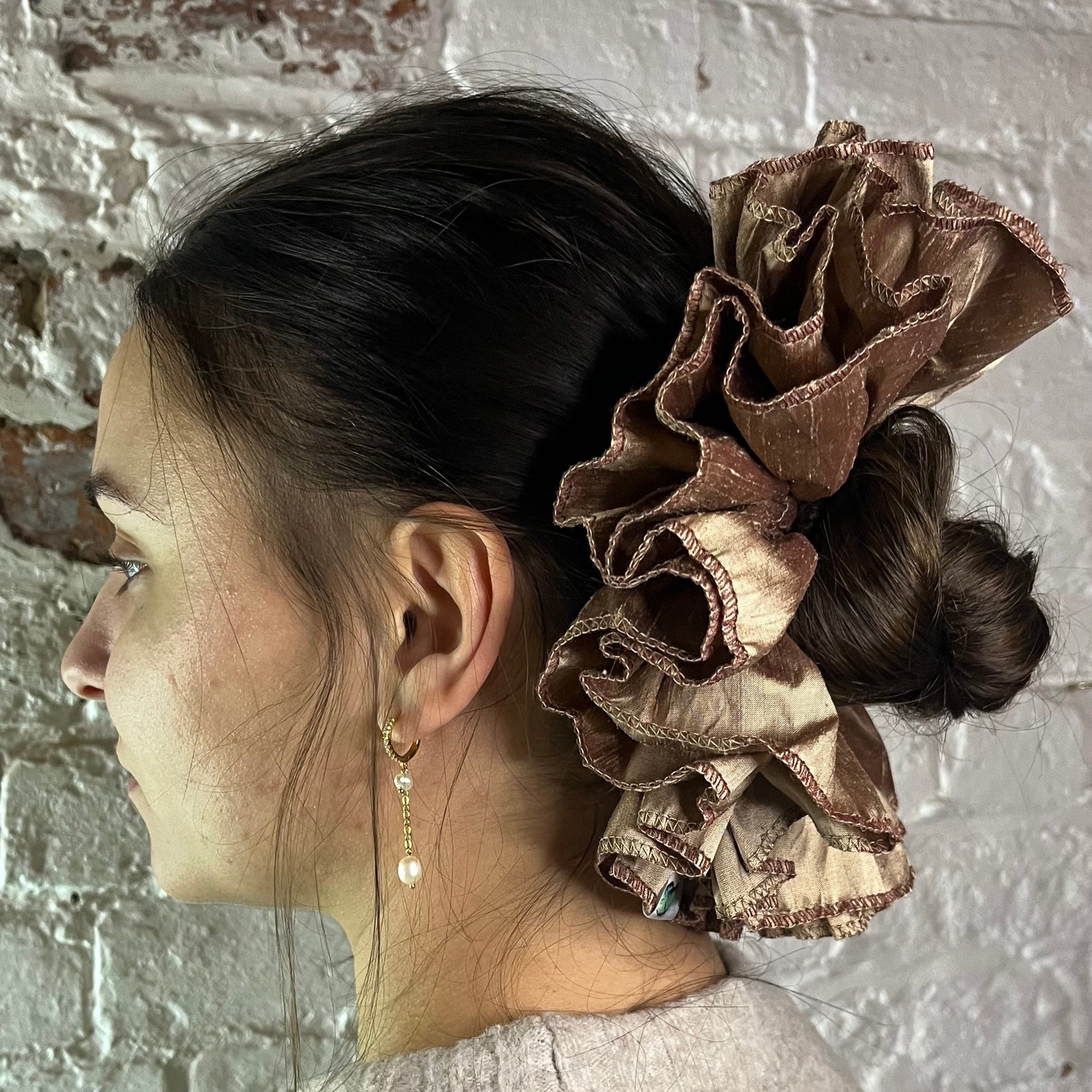 pure raw silk duion luxury scrunchie oversized ruffled modelled straight hair in low bun