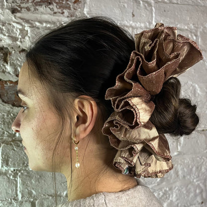 pure raw silk duion luxury scrunchie oversized ruffled modelled straight hair in low bun