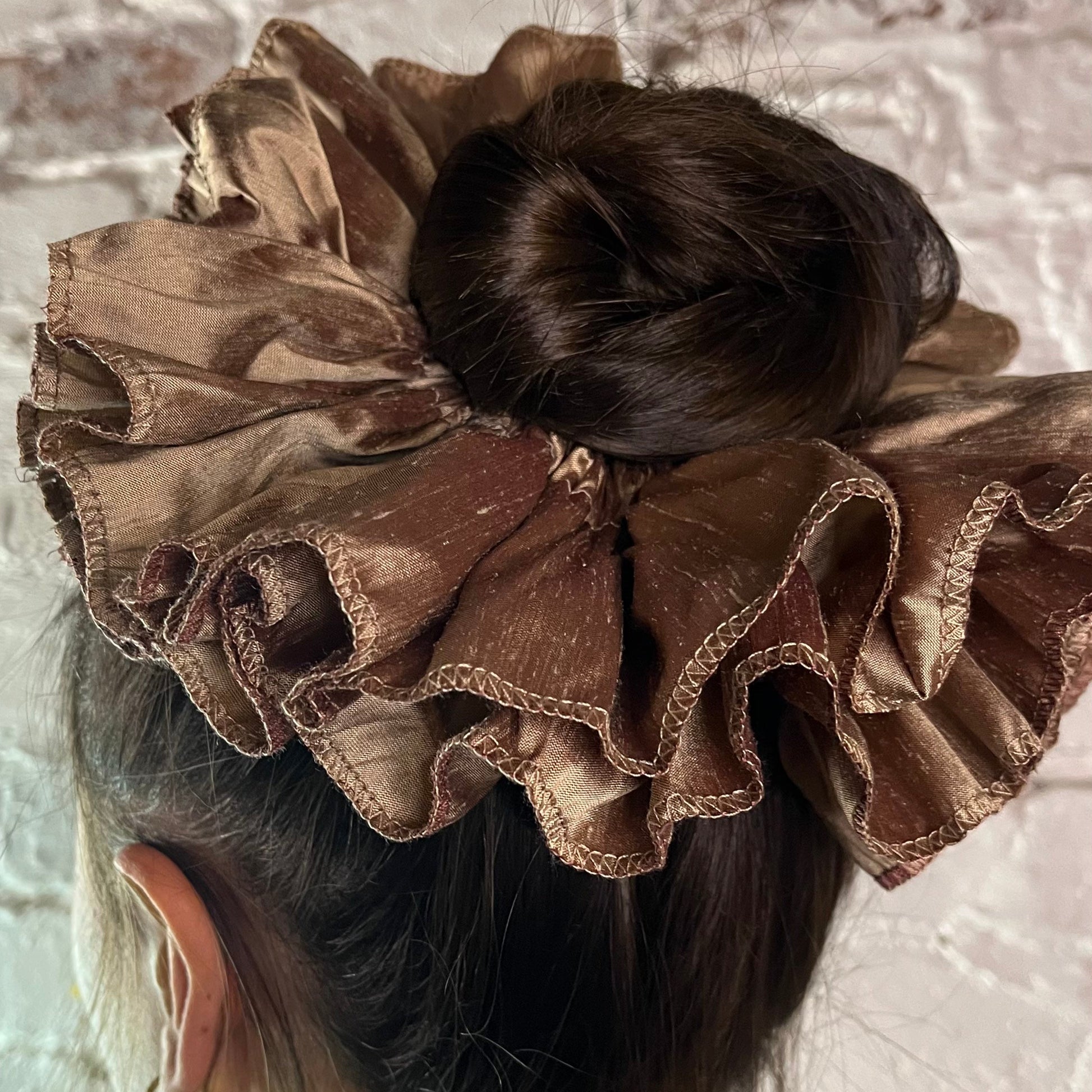 pure raw silk duion luxury scrunchie oversized ruffled modelled straight hair in low bun