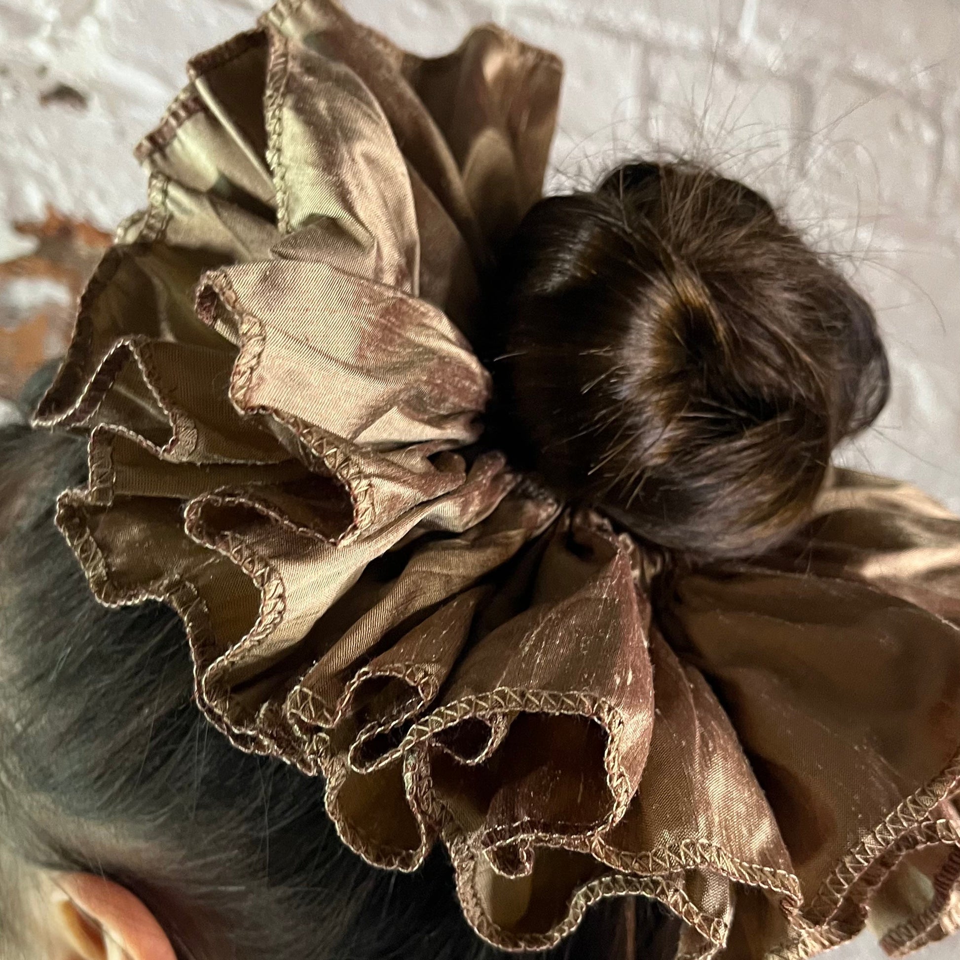 pure raw silk duion luxury scrunchie oversized ruffled modelled straight hair in low bun