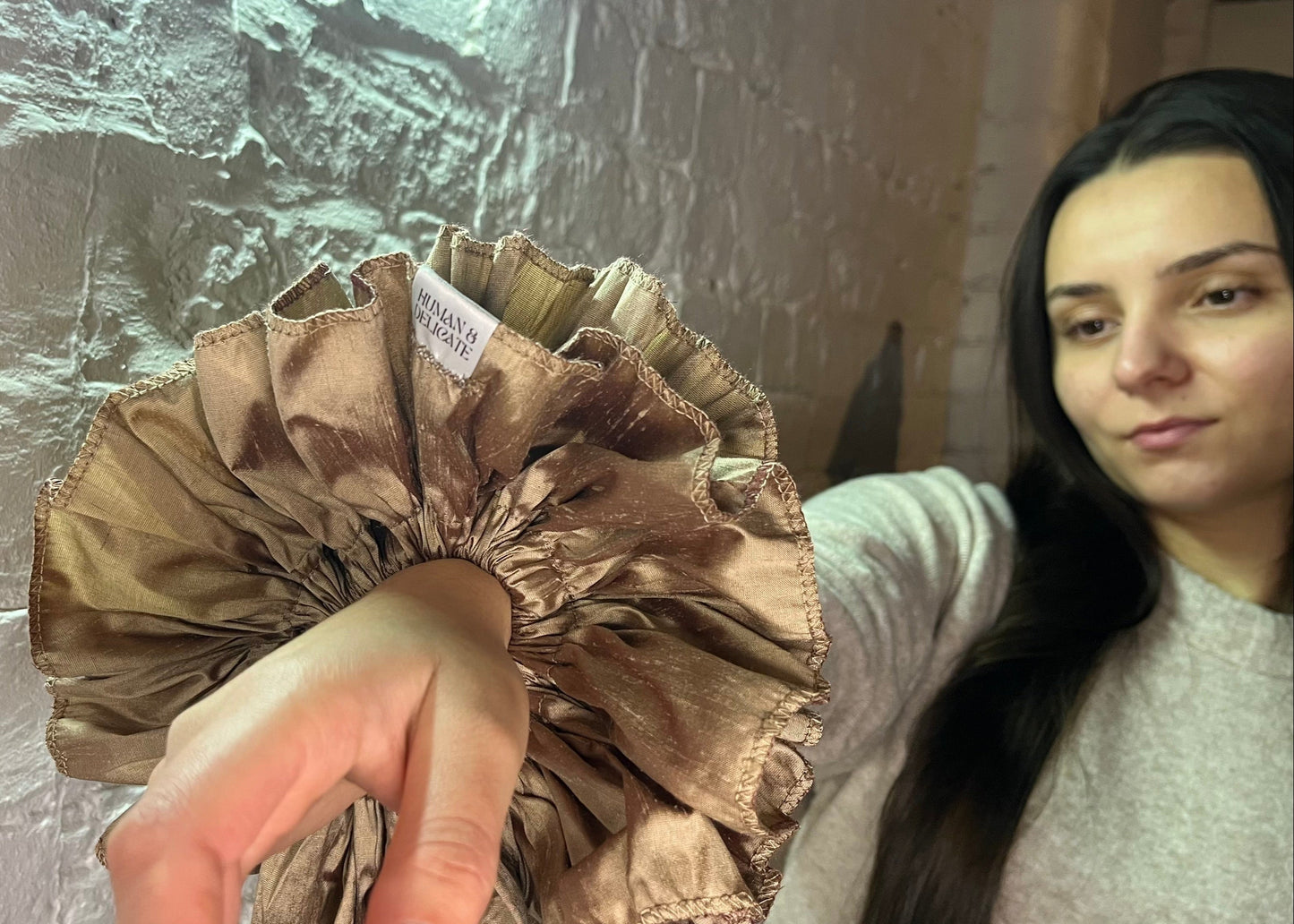 pure raw silk dupion luxury scrunchie oversized ruffled modelled as wrist accessory