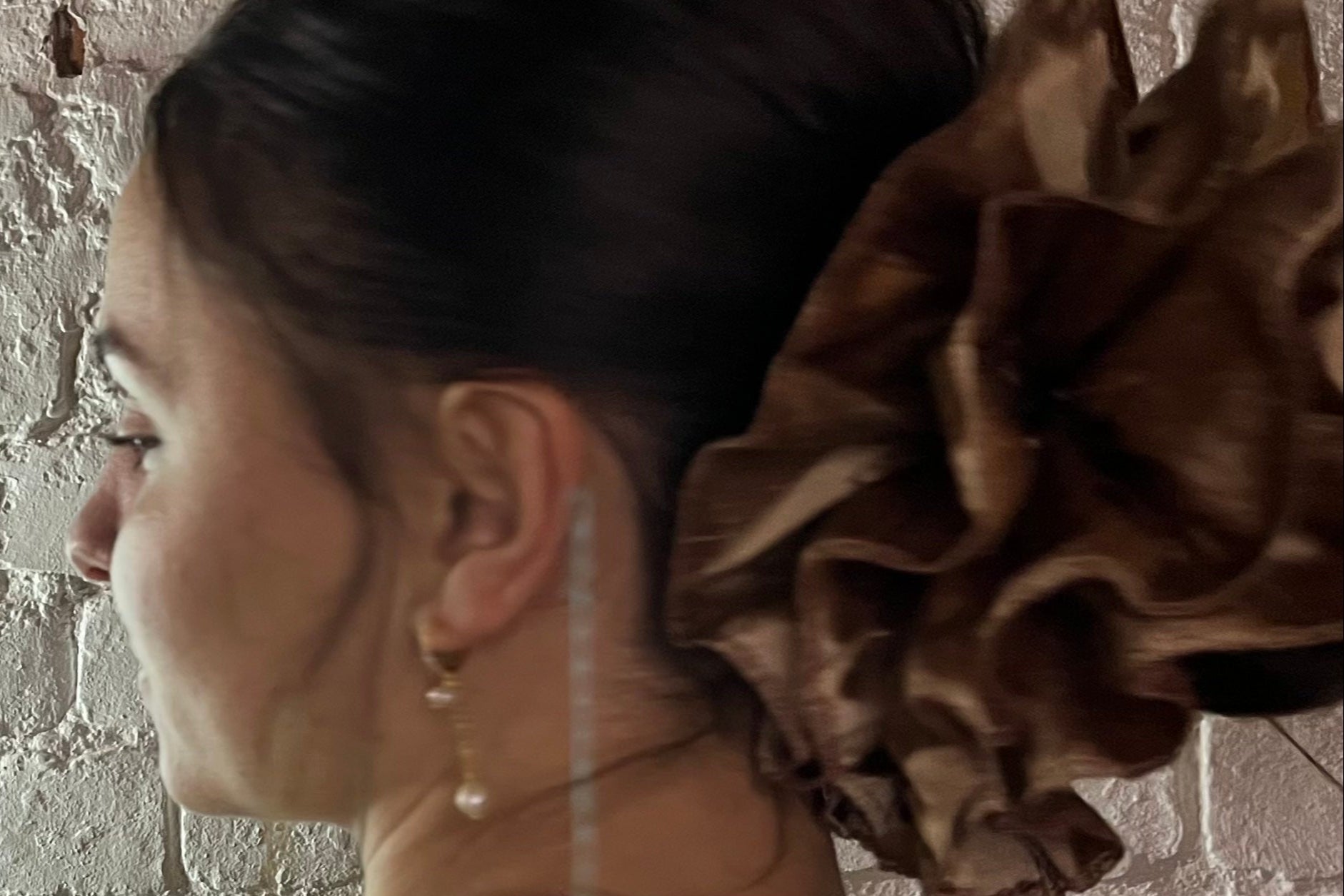 pure silk luxury scrunchie oversized ruffled modelled straight hair in low bun