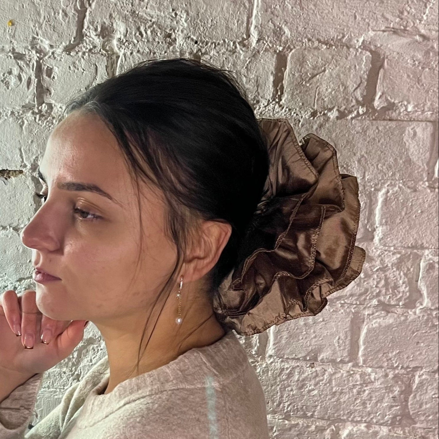 pure silk luxury scrunchie oversized ruffled modelled straight hair in low bun