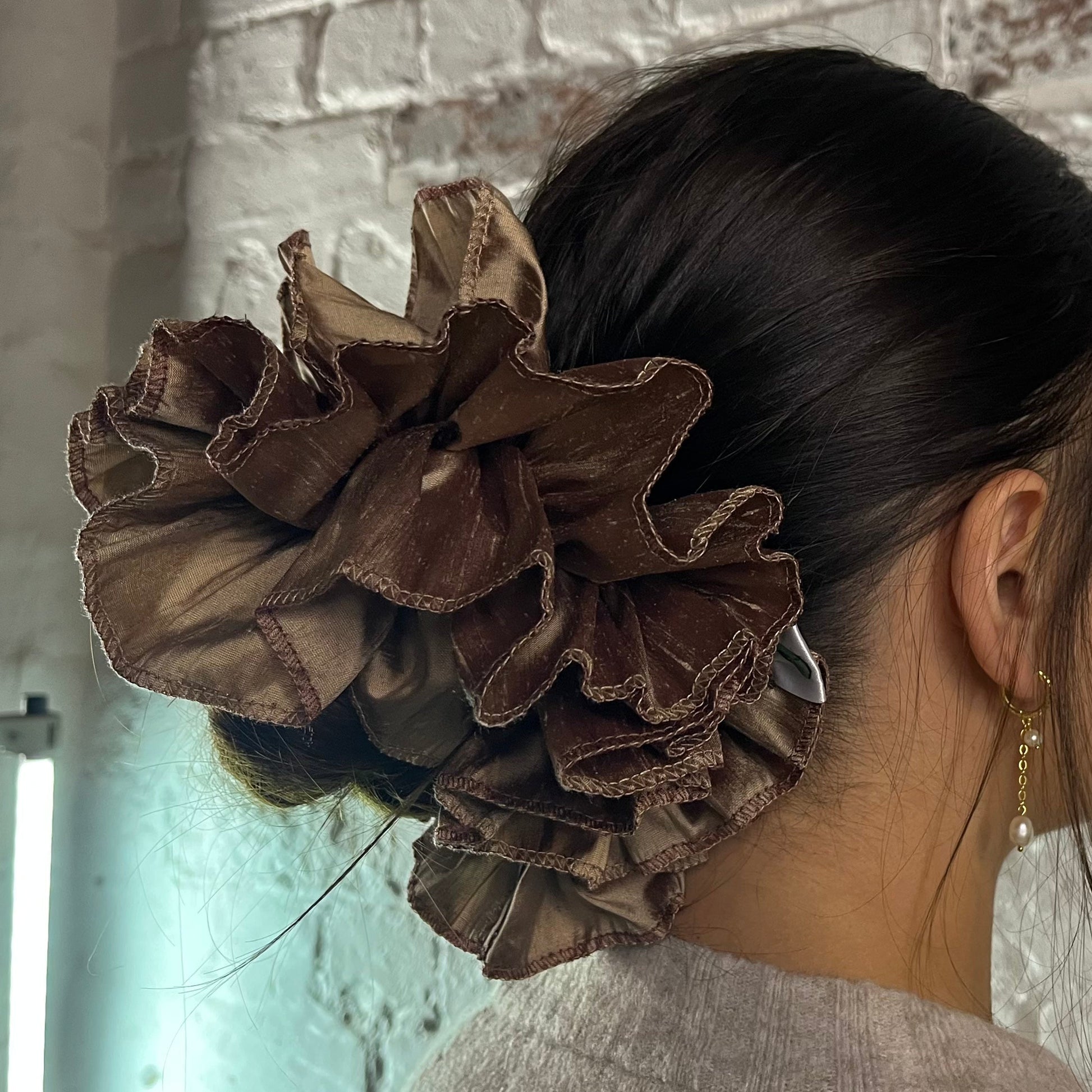pure silk luxury scrunchie oversized ruffled modelled straight hair in low bun
