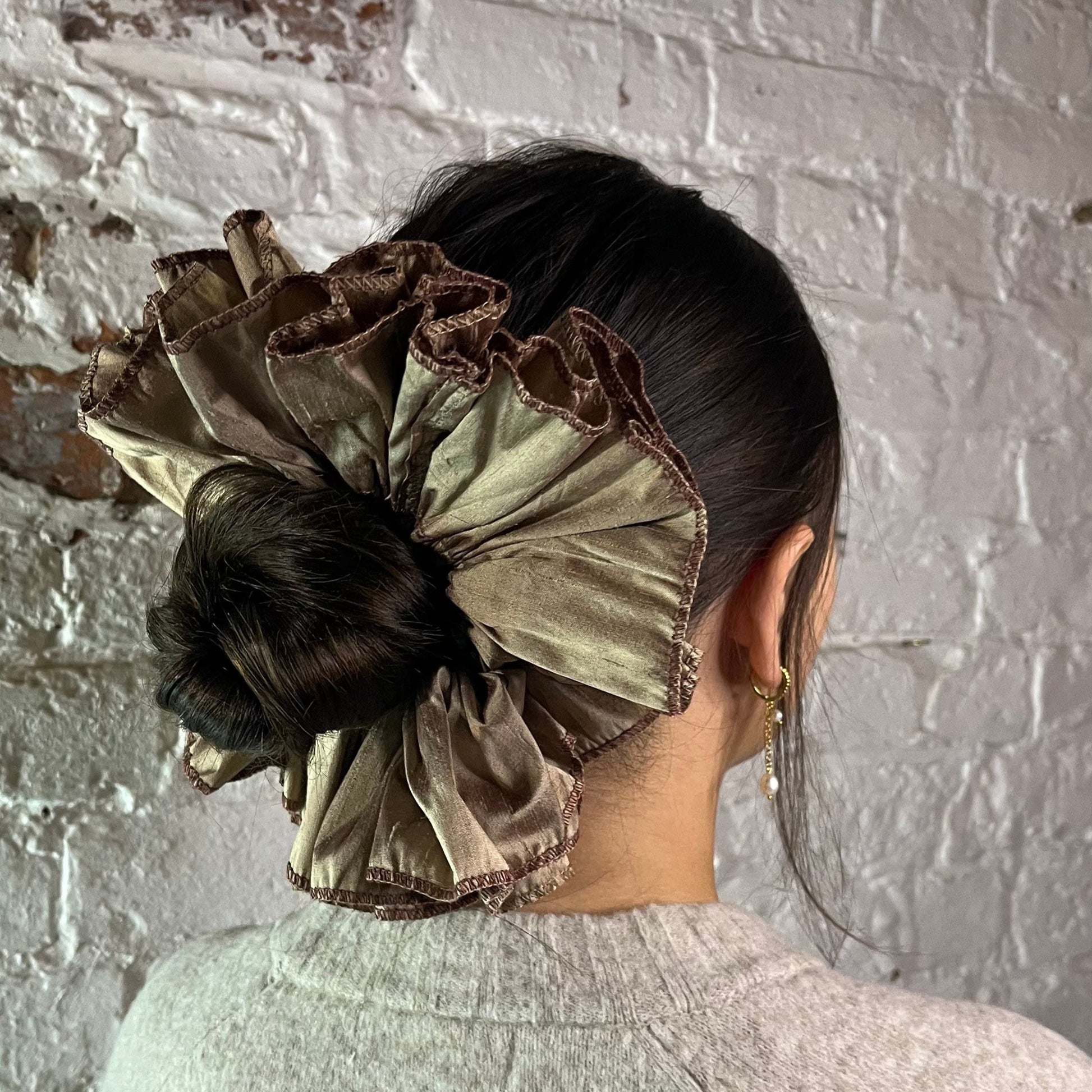 pure silk luxury scrunchie oversized ruffled modelled straight hair in low bun