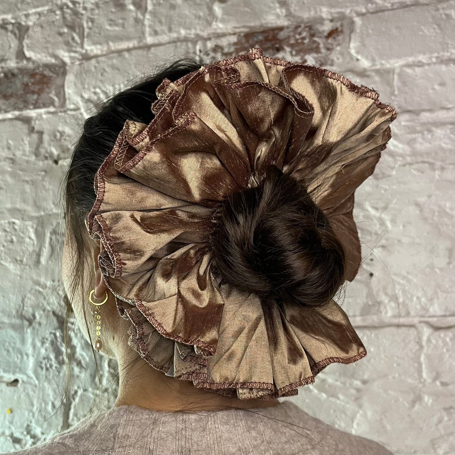pure silk luxury scrunchie oversized ruffled modelled straight hair in low bun