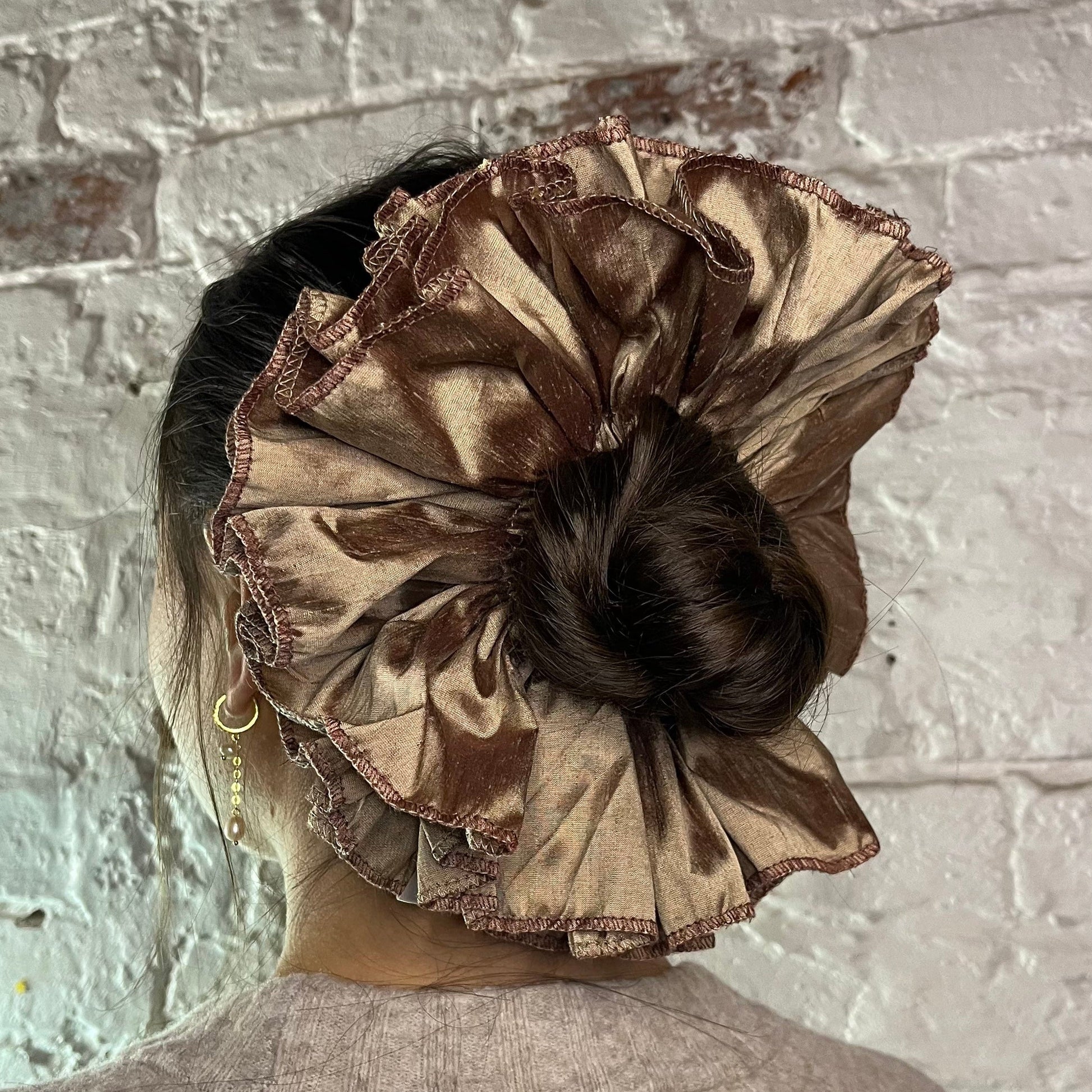 pure silk luxury scrunchie oversized ruffled modelled straight hair in low bun