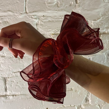 frilly XXL sheer scrunchie in rich crimson red for all hair  types. Handmade in nottingham
